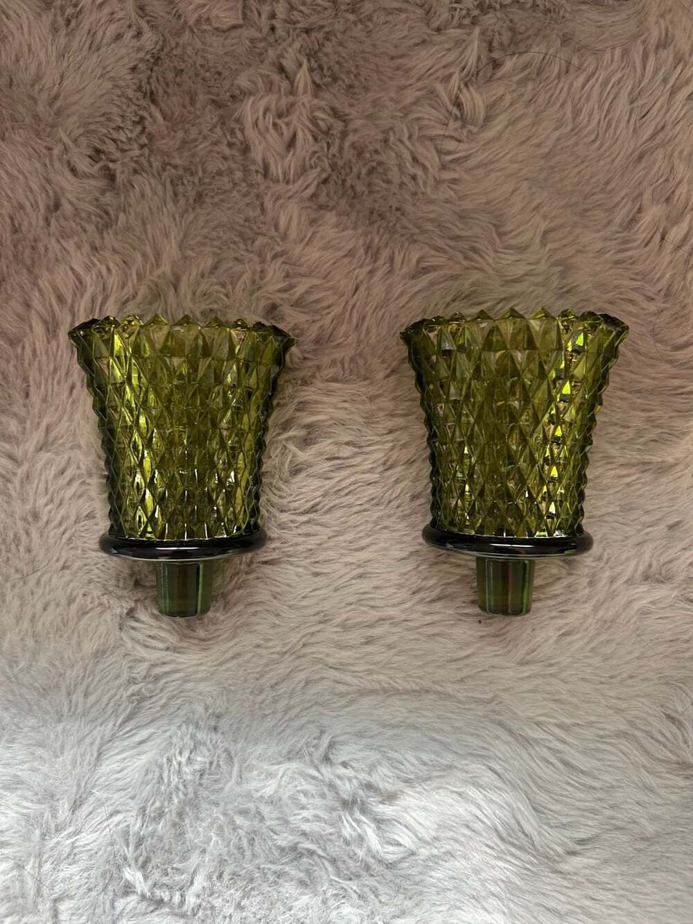 Homco Green Diamond Cut Glass Peg Votive Candle Holders Set